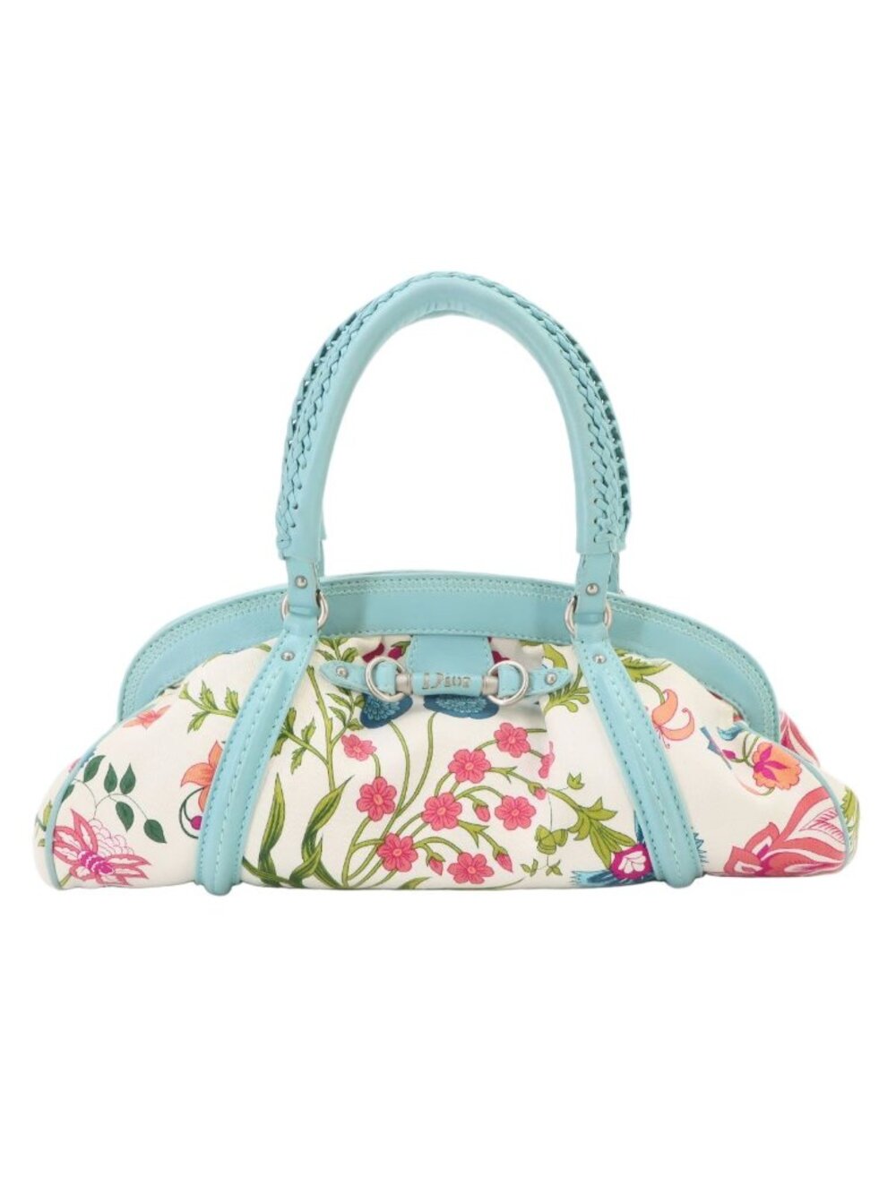 Dior Flower Pattern Hand Bag Canvas Leather Multicolor Silver